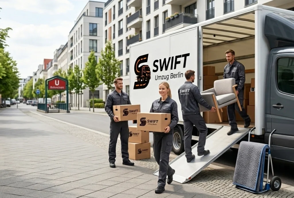 A professional team from Swift Umzug Berlin carefully loading a moving truck on a modern Berlin street, while a friendly mover interacts with a family next to organized moving boxes and wrapped furniture.