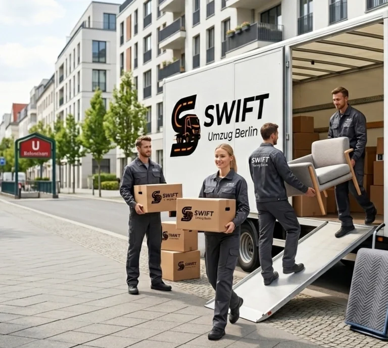 A professional team from Swift Umzug Berlin carefully loading a moving truck on a modern Berlin street, while a friendly mover interacts with a family next to organized moving boxes and wrapped furniture.