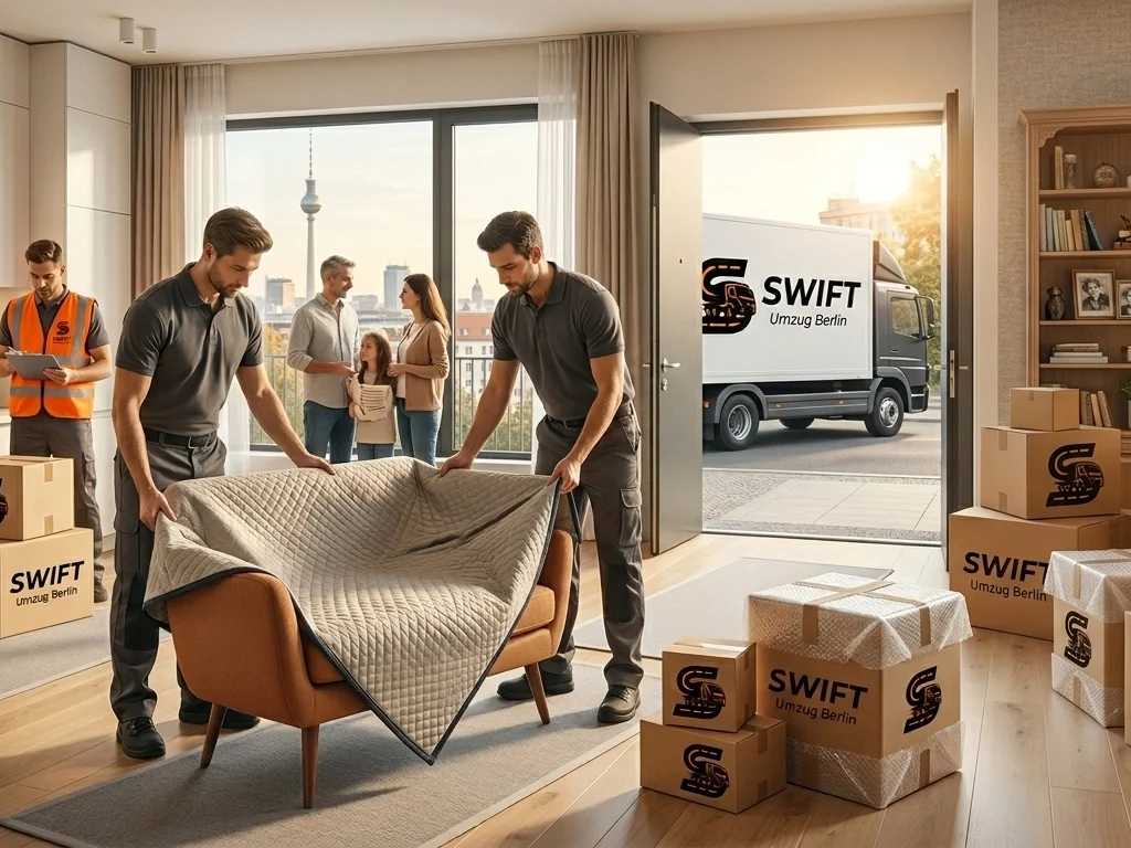 Professional movers from Swift Umzug Berlin carefully wrapping an armchair with a protective blanket in a modern Berlin apartment, with organized moving boxes, a moving truck outside, and a happy family in the background.