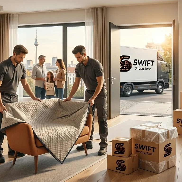 Professional movers from Swift Umzug Berlin carefully wrapping an armchair with a protective blanket in a modern Berlin apartment, with organized moving boxes, a moving truck outside, and a happy family in the background.