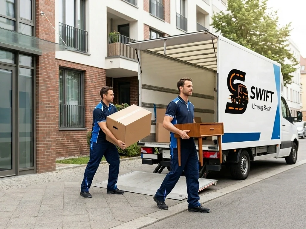 Two professional movers loading boxes and furniture into a Swift Umzug Berlin moving truck outside a modern residential building.