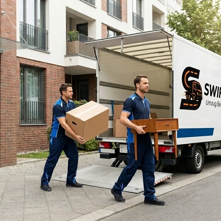 Two professional movers loading boxes and furniture into a Swift Umzug Berlin moving truck outside a modern residential building.
