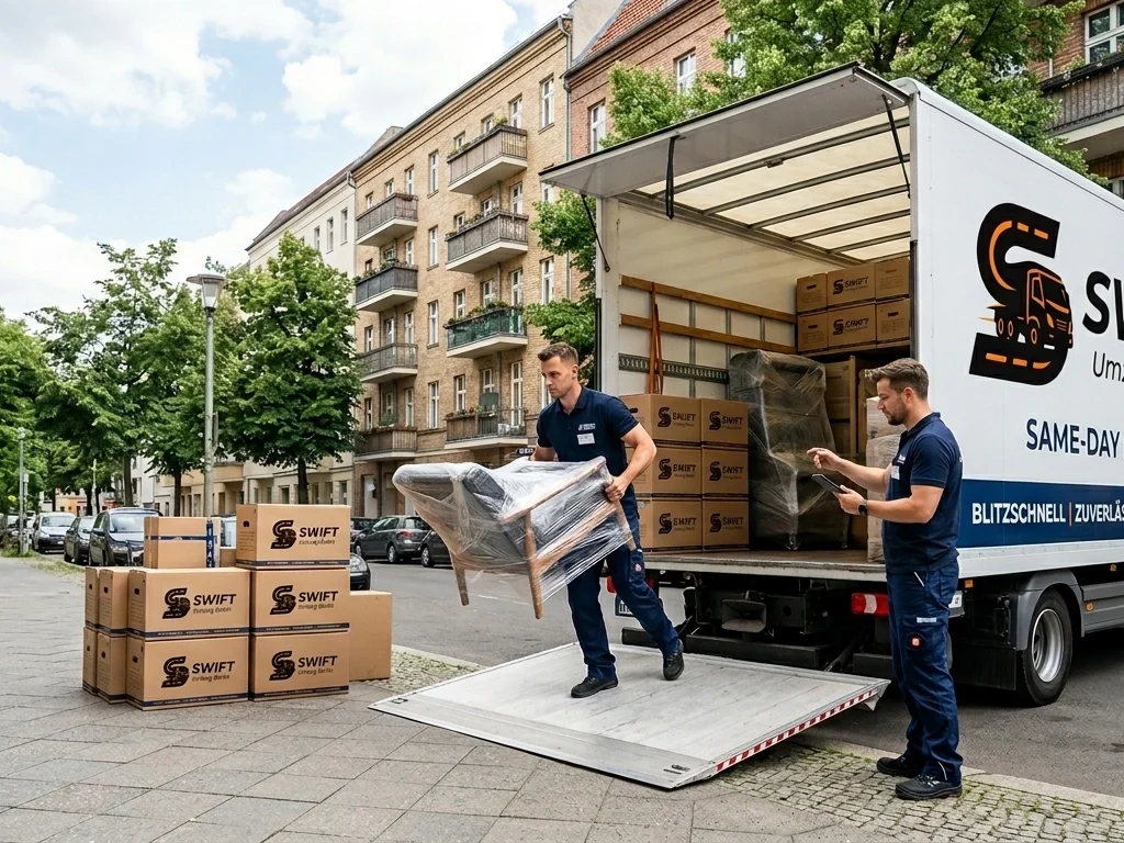 Two professional movers in branded blue uniforms efficiently loading wrapped furniture and packed boxes into a Swift Umzug Berlin moving truck on a residential street in Berlin.