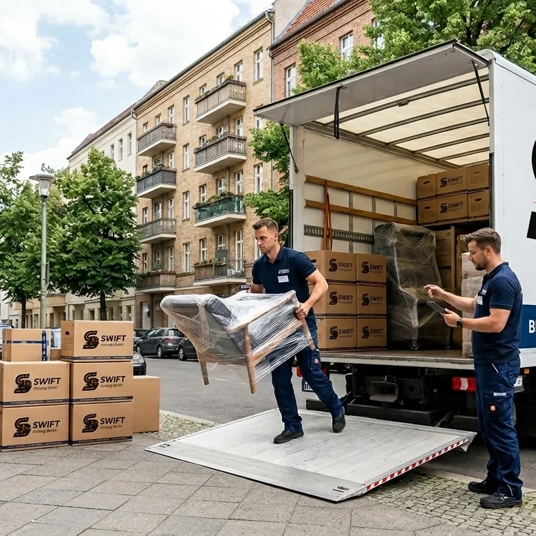 Two professional movers in branded blue uniforms efficiently loading wrapped furniture and packed boxes into a Swift Umzug Berlin moving truck on a residential street in Berlin.