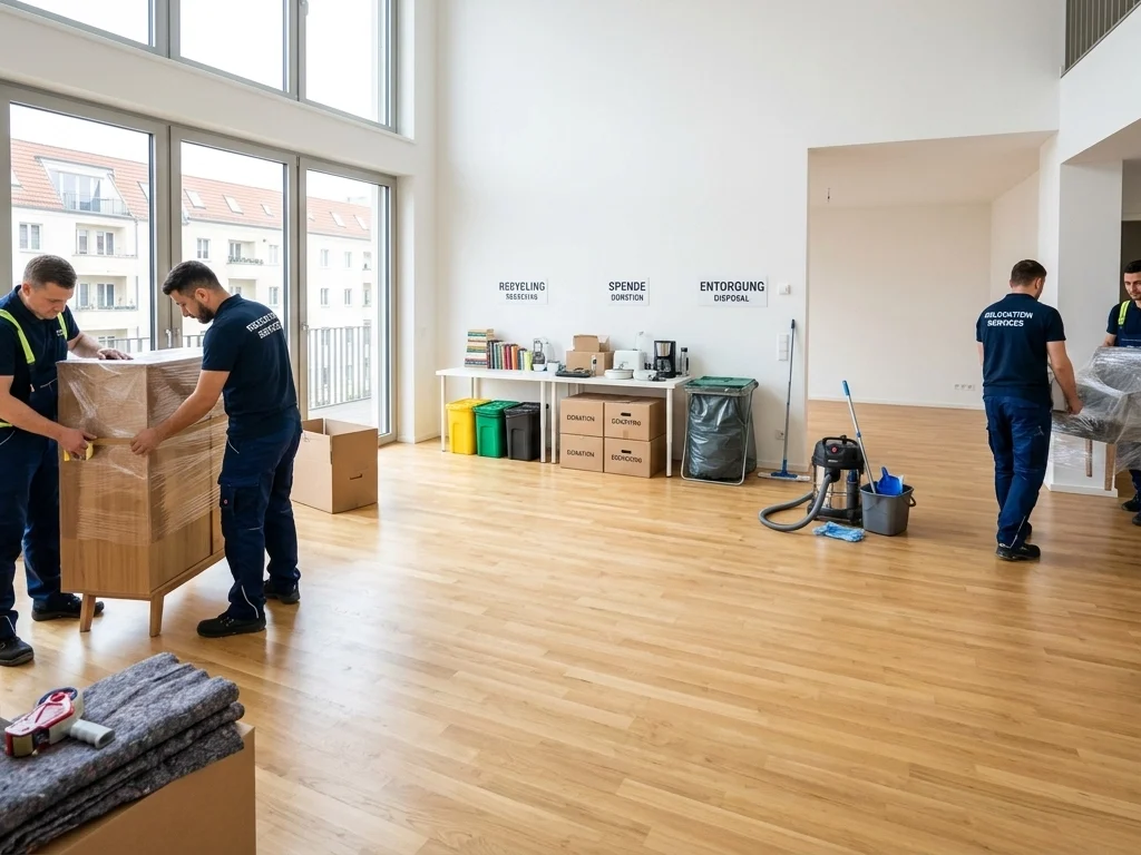 A professional moving team performing a systematic household clearance in a spacious, sunlit Berlin apartment with designated sorting stations for recycling, donation, and disposal.