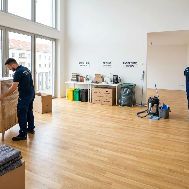 A professional moving team performing a systematic household clearance in a spacious, sunlit Berlin apartment with designated sorting stations for recycling, donation, and disposal.