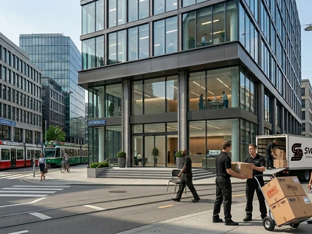 Three movers in black uniforms load cardboard boxes onto a SWIFT Umzug Berlin moving truck parked outside a modern glass office building on a Berlin city street with a tram in the background.