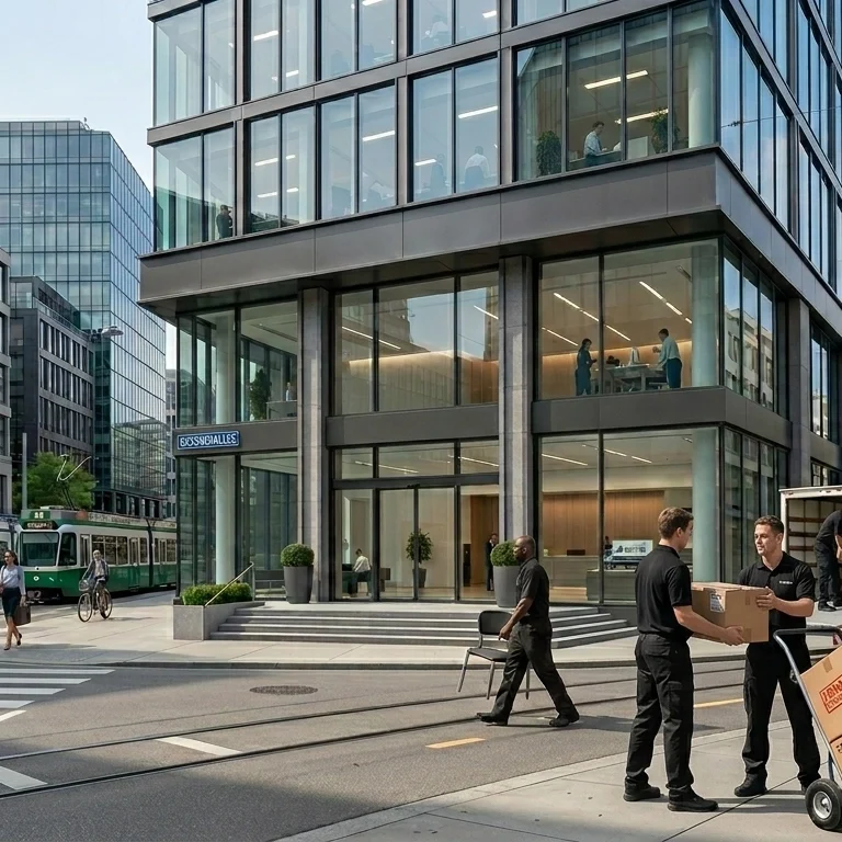 Three movers in black uniforms load cardboard boxes onto a SWIFT Umzug Berlin moving truck parked outside a modern glass office building on a Berlin city street with a tram in the background.