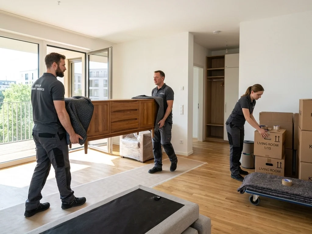 A professional small moving team efficiently carrying a wooden sideboard and organizing labeled boxes in a bright, modern Berlin apartment.