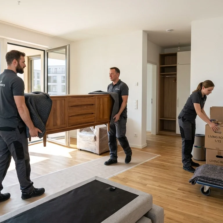 A professional small moving team efficiently carrying a wooden sideboard and organizing labeled boxes in a bright, modern Berlin apartment.