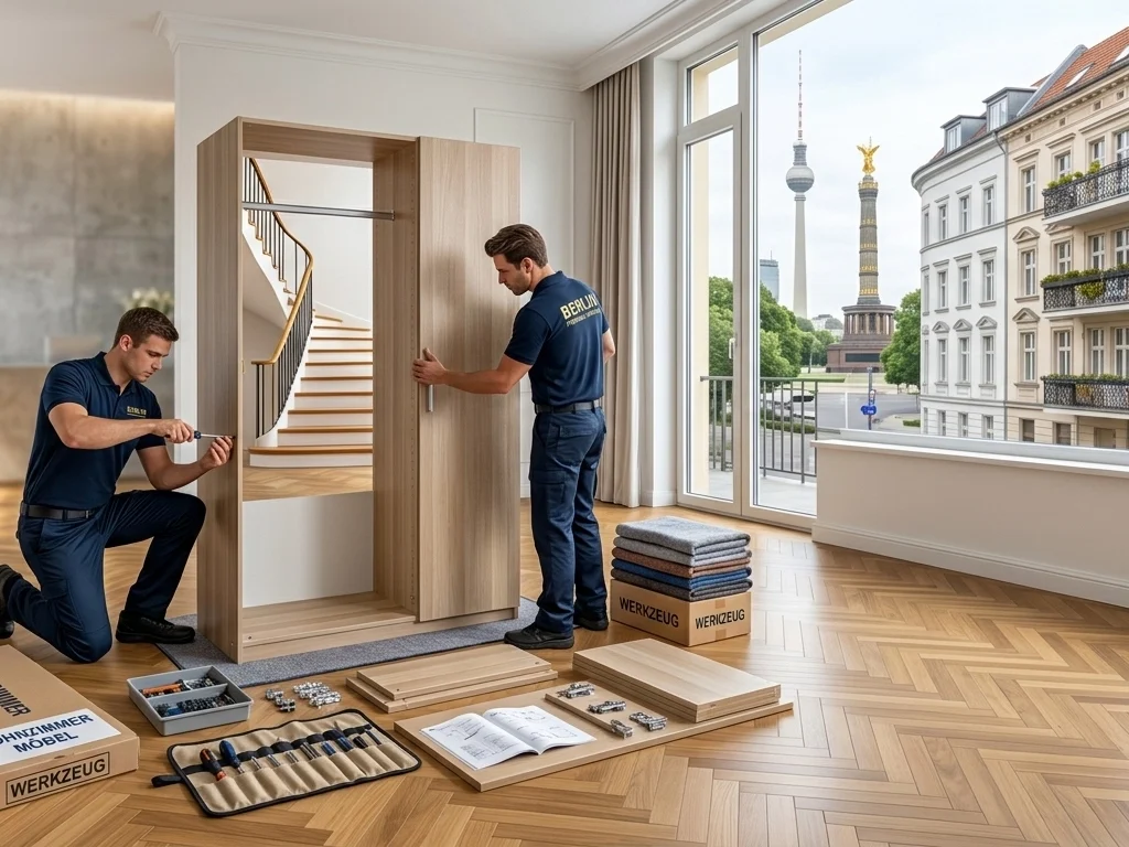 Two furniture assembly technicians in black branded SWIFT uniforms assemble a wooden wardrobe in a modern Berlin apartment with a city view window and negative space for text.