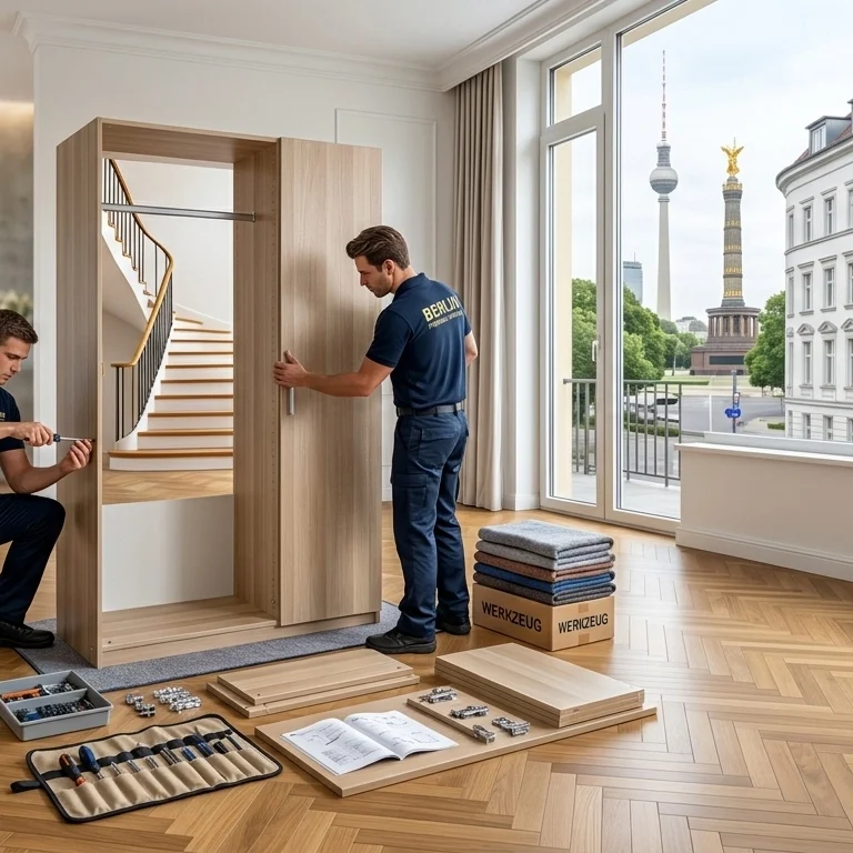 Two furniture assembly technicians in black branded SWIFT uniforms assemble a wooden wardrobe in a modern Berlin apartment with a city view window and negative space for text.