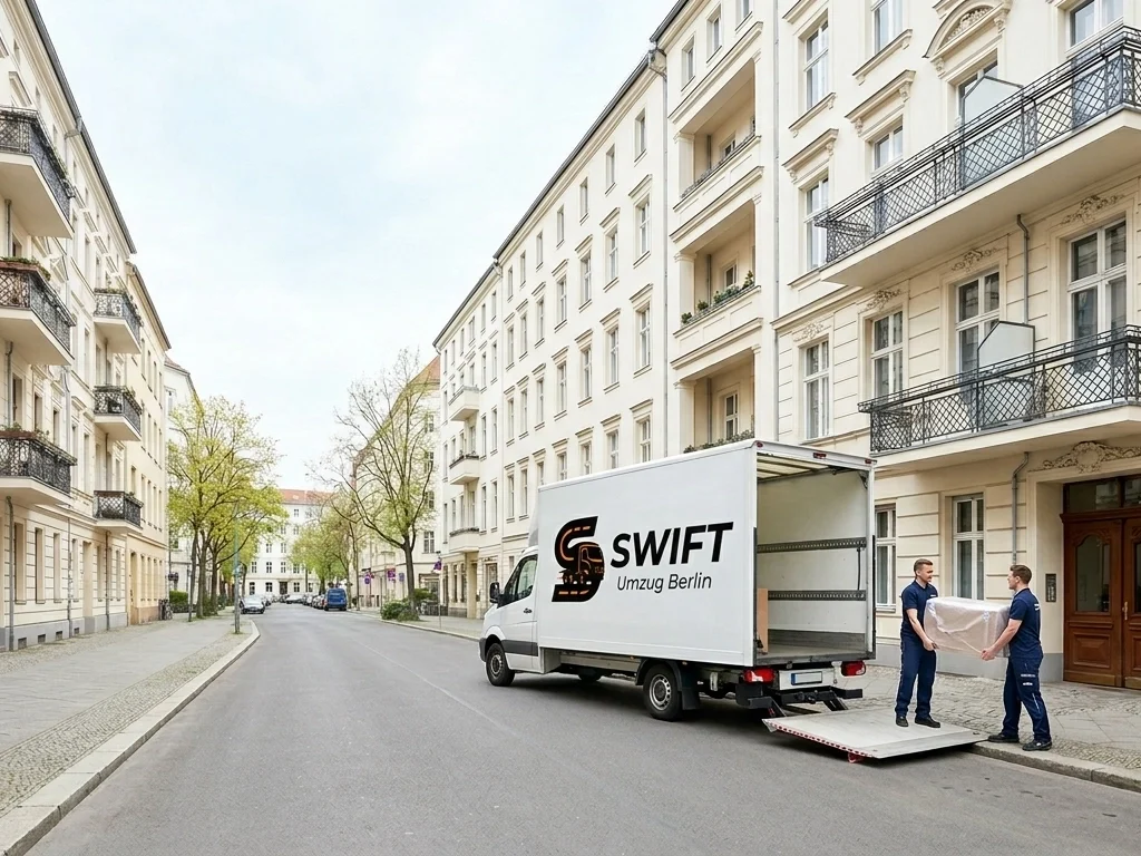 A white Swift Umzug Berlin moving truck parked on a clean Berlin residential street next to an official temporary Halteverbot no-parking sign, with two movers loading furniture.