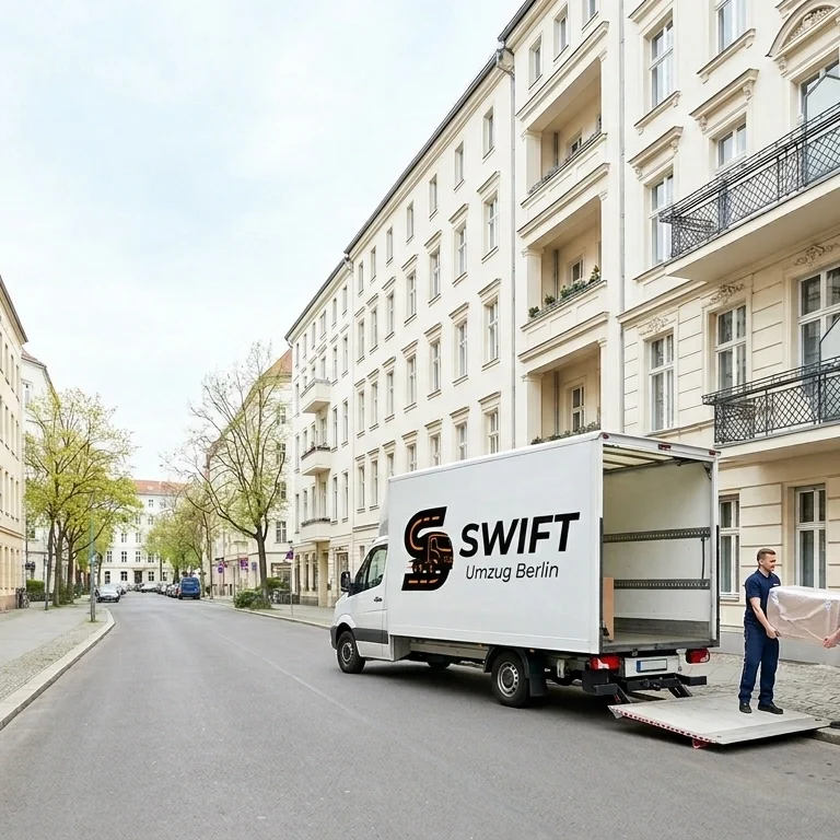 A white Swift Umzug Berlin moving truck parked on a clean Berlin residential street next to an official temporary Halteverbot no-parking sign, with two movers loading furniture.