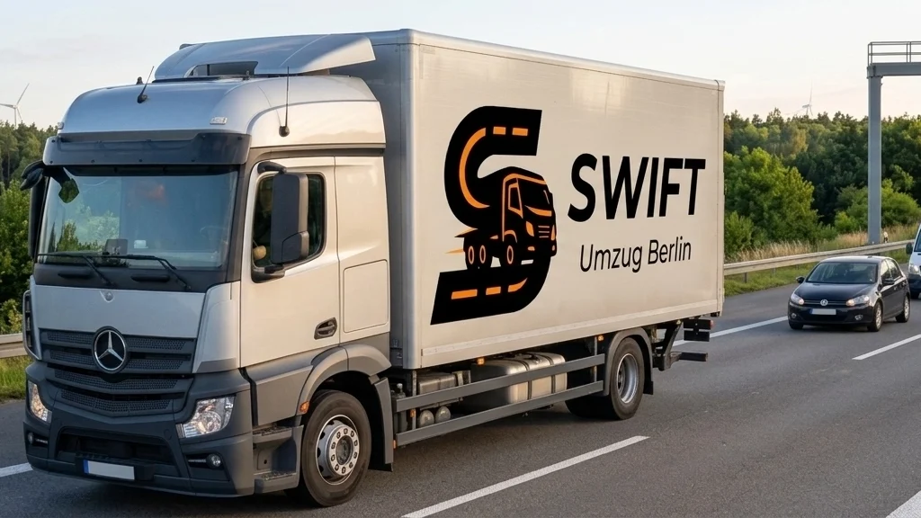 A professional white Swift Umzug Berlin moving truck driving on a German highway with cars following behind.