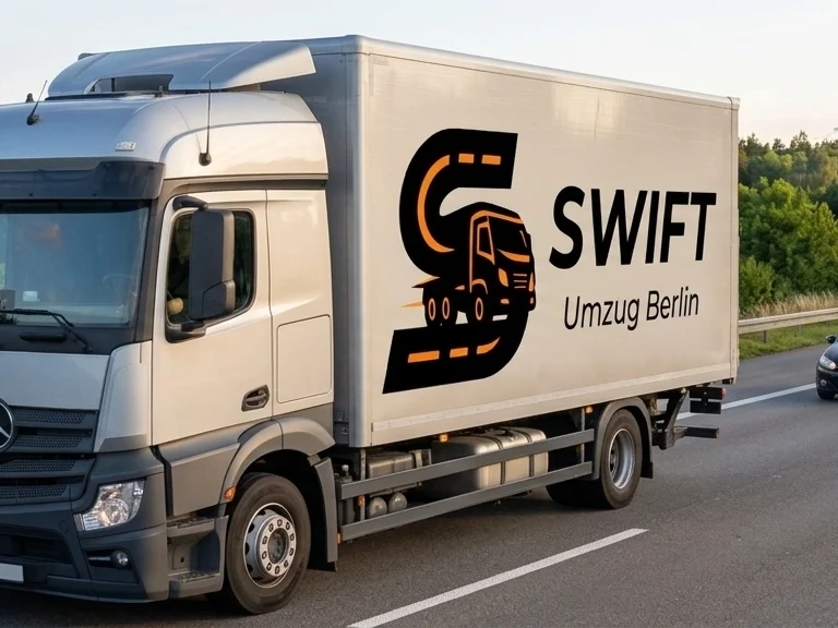 A professional white Swift Umzug Berlin moving truck driving on a German highway with cars following behind.