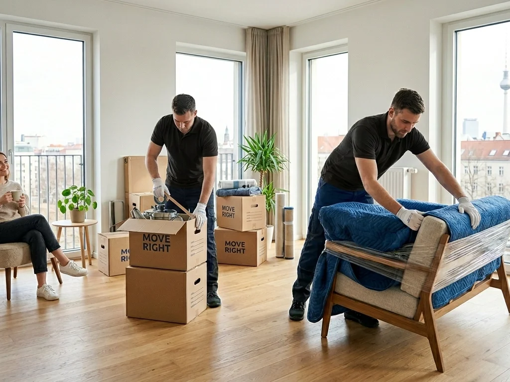 Professional movers from Swift Umzug Berlin carefully wrapping furniture and packing boxes in a bright modern apartment while a customer relaxes with coffee.