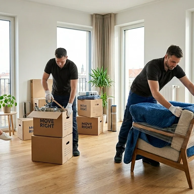 Professional movers from Swift Umzug Berlin carefully wrapping furniture and packing boxes in a bright modern apartment while a customer relaxes with coffee.
