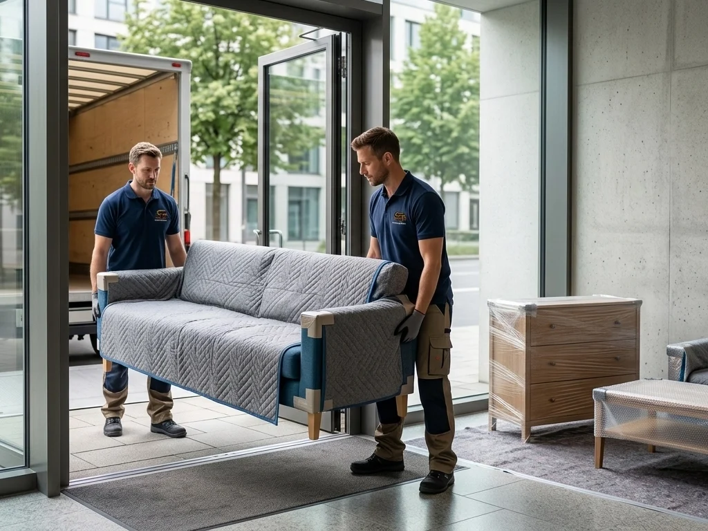 Two uniformed movers from Swift Umzug Berlin carefully carrying a quilted blanket-wrapped sofa through a modern glass entrance toward a branded moving truck.