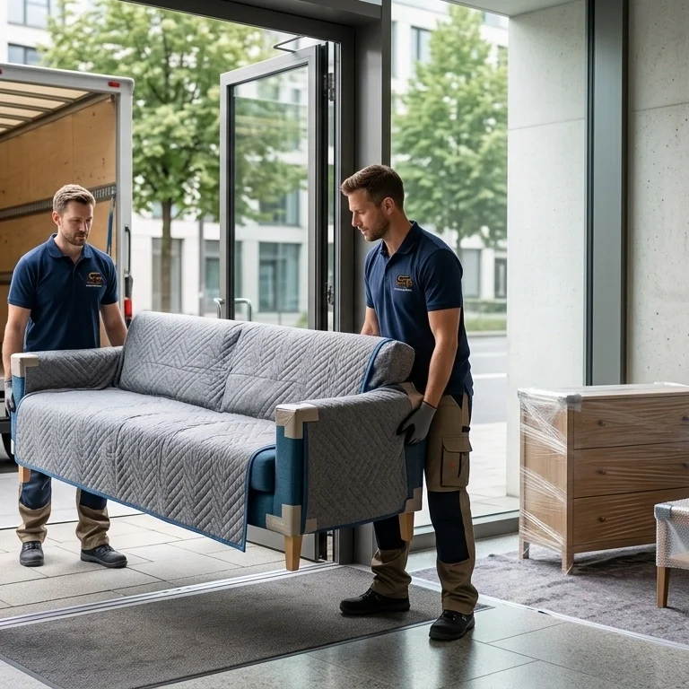 Two uniformed movers from Swift Umzug Berlin carefully carrying a quilted blanket-wrapped sofa through a modern glass entrance toward a branded moving truck.
