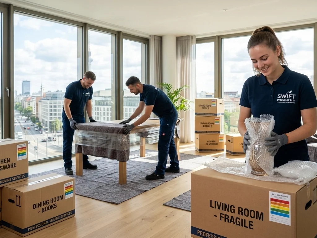 Professional movers from Swift Umzug Berlin carefully packing a glass vase and wrapping furniture in a bright, modern apartment with large windows.
