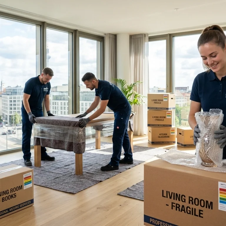 Professional movers from Swift Umzug Berlin carefully packing a glass vase and wrapping furniture in a bright, modern apartment with large windows.