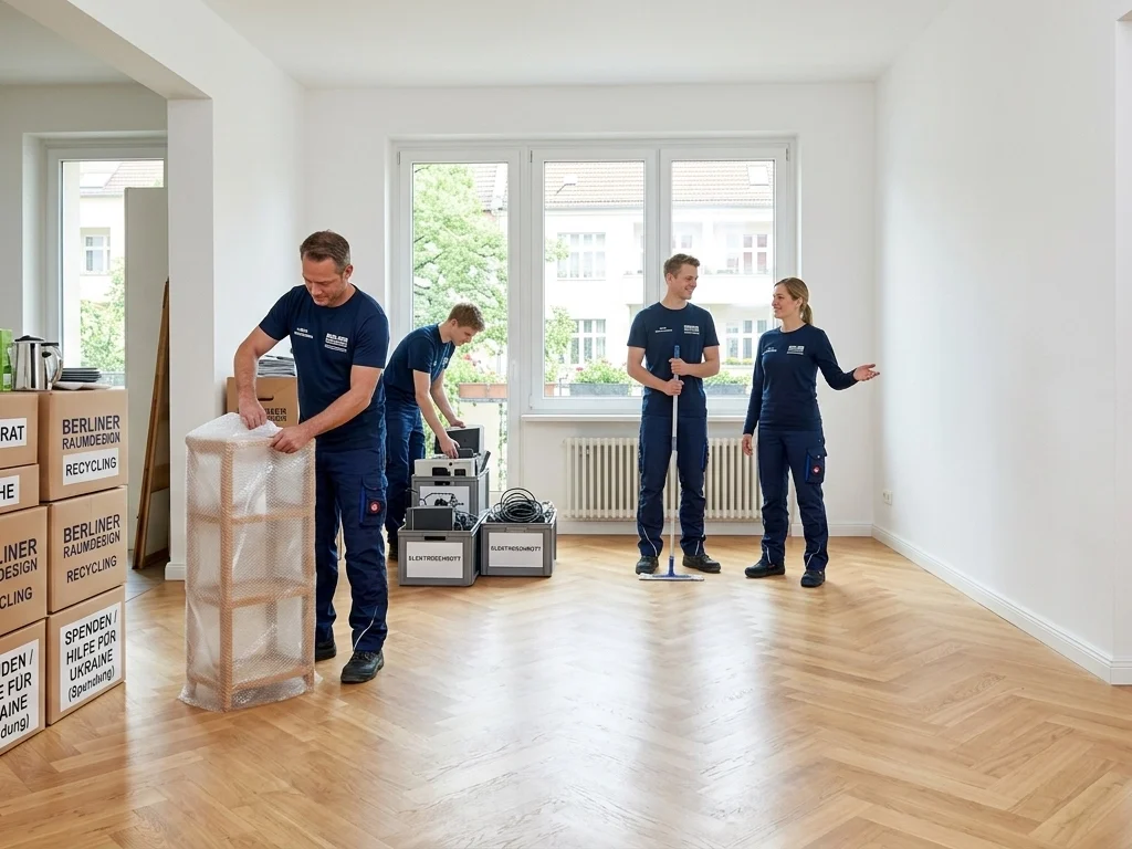 An ultra-realistic 4K image of a professional clearance team in navy uniforms clearing out a modern Berlin apartment. On the left, neatly stacked moving boxes and wrapped furniture are prepared for removal, while the right half reveals a bright, clean, empty room with polished hardwood floors and ample empty space for text.