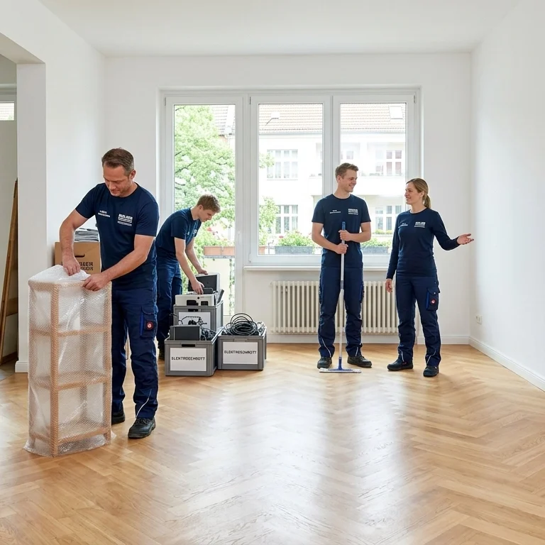 An ultra-realistic 4K image of a professional clearance team in navy uniforms clearing out a modern Berlin apartment. On the left, neatly stacked moving boxes and wrapped furniture are prepared for removal, while the right half reveals a bright, clean, empty room with polished hardwood floors and ample empty space for text.