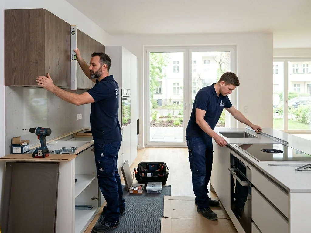 Two professional kitchen installation specialists in branded uniforms carefully assembling a modern fitted kitchen inside a contemporary Berlin apartment.