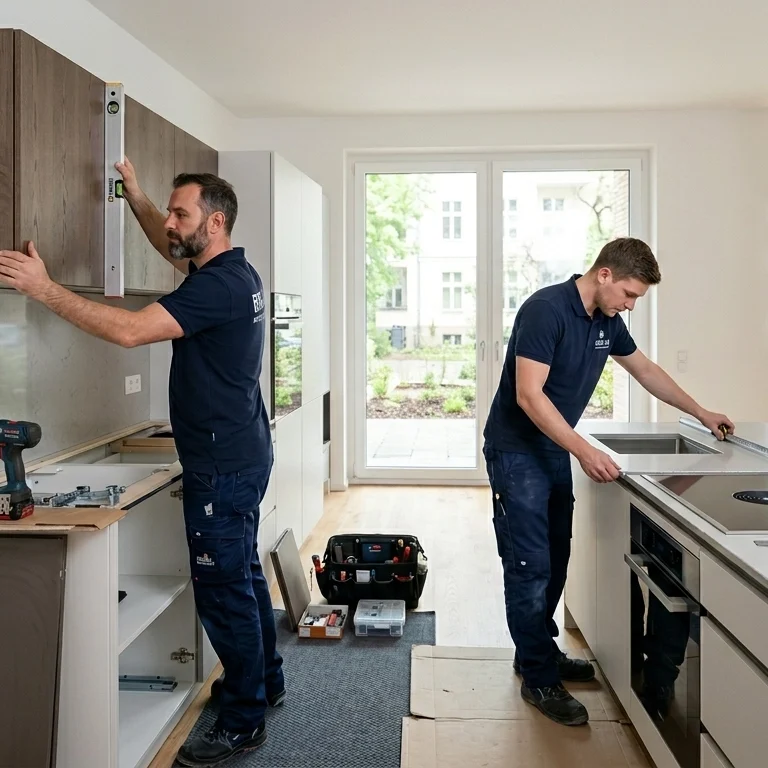 Two professional kitchen installation specialists in branded uniforms carefully assembling a modern fitted kitchen inside a contemporary Berlin apartment.
