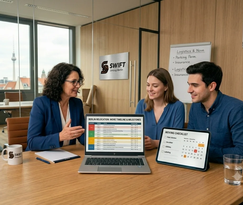 Professional relocation specialist in a Berlin office presenting a structured moving timeline on a laptop to a young couple during a moving planning service consultation.