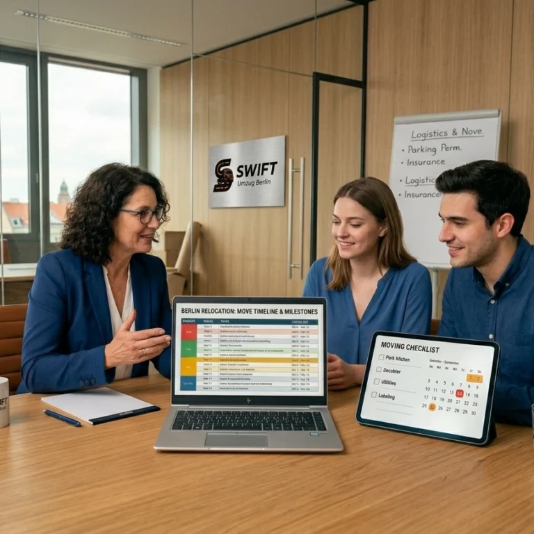 Professional relocation specialist in a Berlin office presenting a structured moving timeline on a laptop to a young couple during a moving planning service consultation.