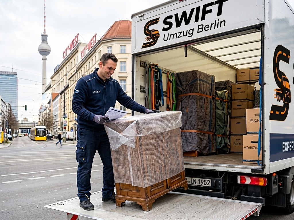 A professional Swift Umzug Berlin mover in a dark blue uniform carefully loading wrapped wooden furniture onto a clean, organized moving truck with the Berlin TV Tower in the background.