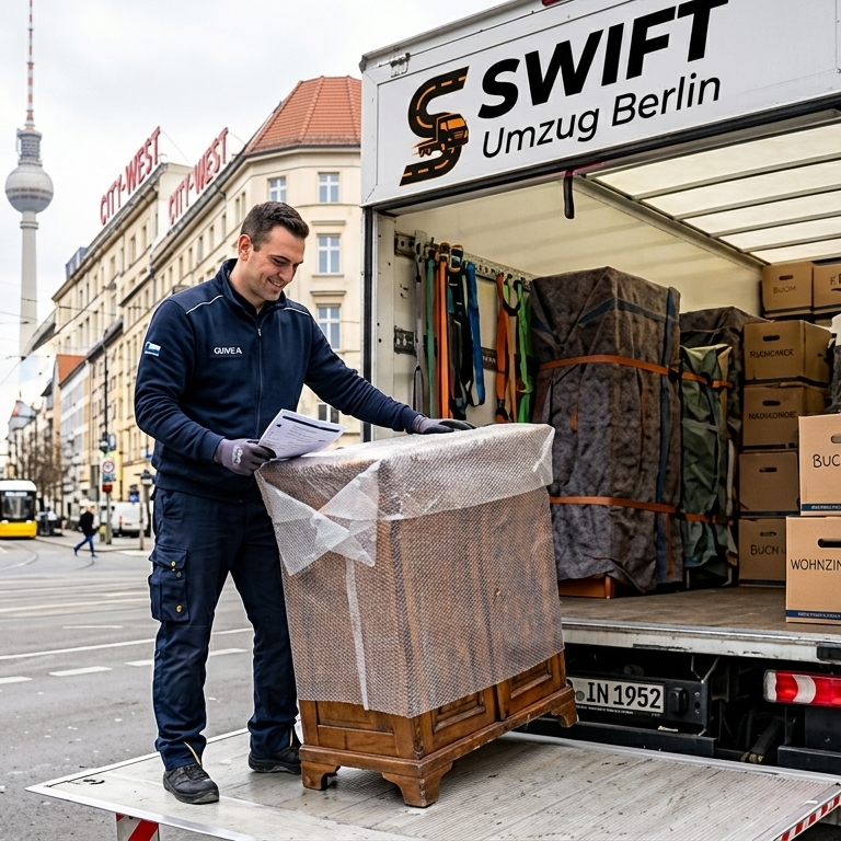 A professional Swift Umzug Berlin mover in a dark blue uniform carefully loading wrapped wooden furniture onto a clean, organized moving truck with the Berlin TV Tower in the background.