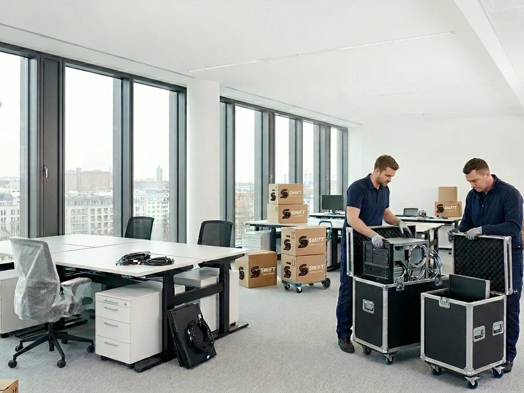 Two professional movers packing computers and IT equipment into black flight cases inside a bright, modern office in Berlin, with labeled moving boxes stacked nearby and the Berlin TV Tower visible through large windows.