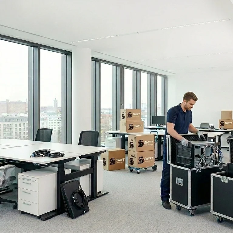 Two professional movers packing computers and IT equipment into black flight cases inside a bright, modern office in Berlin, with labeled moving boxes stacked nearby and the Berlin TV Tower visible through large windows.