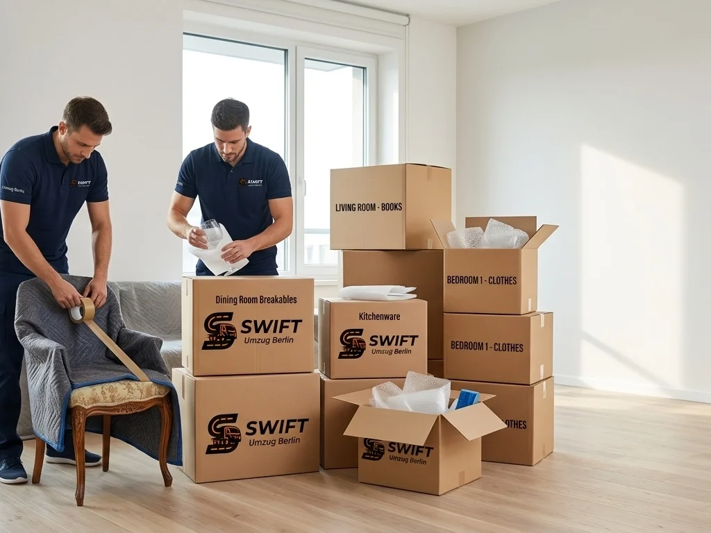 Professional movers from Swift Umzug Berlin carefully packing household items and labeled boxes in a modern apartment.