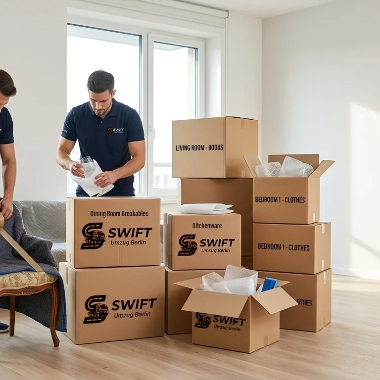 Professional movers from Swift Umzug Berlin carefully packing household items and labeled boxes in a modern apartment.
