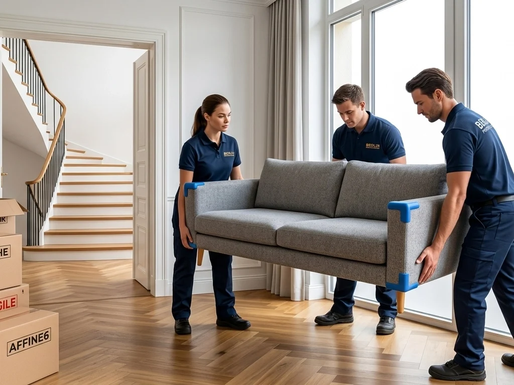 Three professional movers in dark navy uniforms carefully lift a gray sofa with blue corner padding inside a bright, modern Berlin apartment next to organized moving boxes and packing blankets.