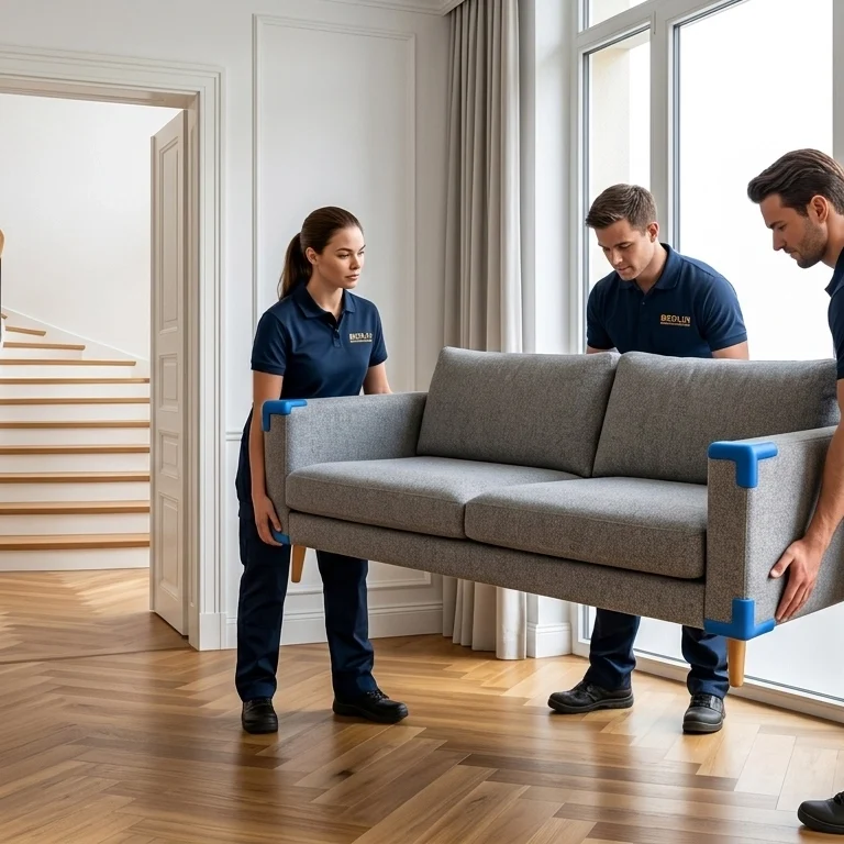 Three professional movers in dark navy uniforms carefully lift a gray sofa with blue corner padding inside a bright, modern Berlin apartment next to organized moving boxes and packing blankets.